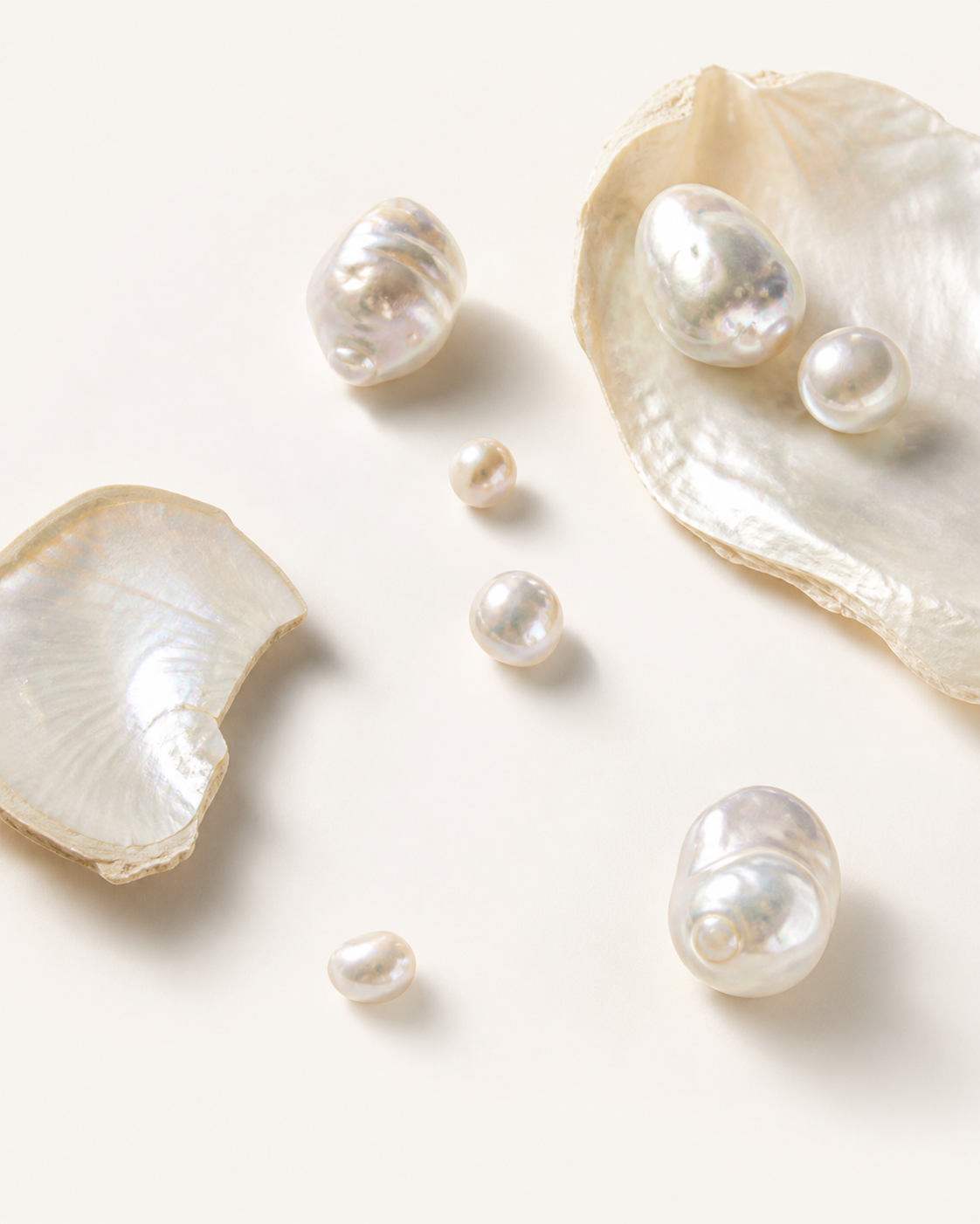 AURAYA Lustre collection image with luminous pearls and open shells on a warm white background.